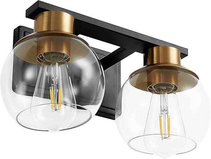 PAZALA 2 Light Vanity Lights, Black Gold Bathroom Wall Sconce Light with Globe Glass Shade, Bathroom Light Fixture Over Mirror for Bedroom, Living Room, Hallway (E26 Base)