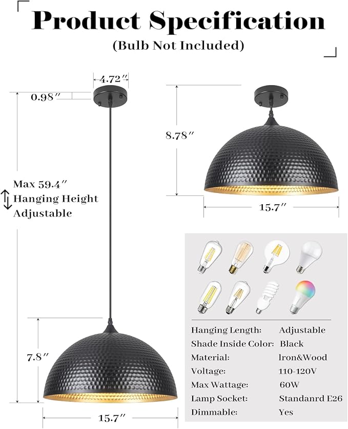 16 inch Black and Gold Pendant Light 3 Packs, Hammered Industrial Large Pendant Lights Kitchen Island, Oversive Black Dome Pendant Light for Kitchen Island, Dining Room, Bar
