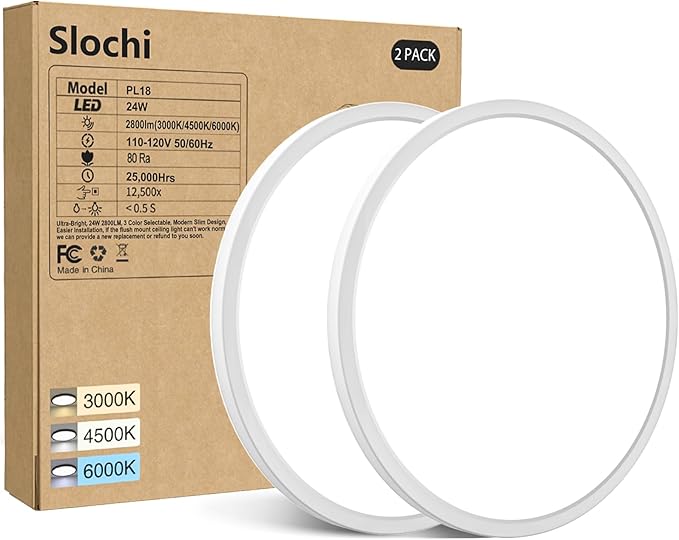 slochi 2PACK LED Flush Mount Ceiling Light Fixture, 12Inch 28W LED Light, Dimmable & 3000K/4500K/6000K 3 Color Adjustable Round Light 3200LM Low Profile Ceiling Light Fixtures for Kitchen Bedroom