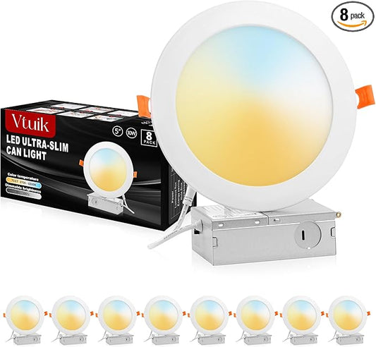 8 Pack 5 Inch LED Recessed Ceiling Light 7CCT for Kitchen Retrofit, Slim Canless Wafer Downlight IC Rated for Bathroom, 10W Dimmable 800LM for Bedroom Living Room ETL FCC