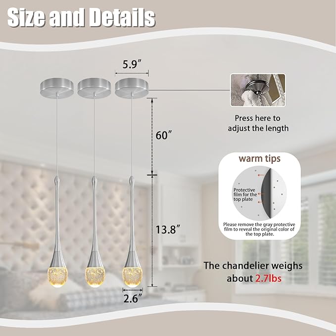 ykolupty Modern Pendant Lights for Kitchen Island Silver Raindrop Crystal Hanging Light Fxitures Mini Pendant Light Fixture for Dining Room Bar Bedroom (3pack
