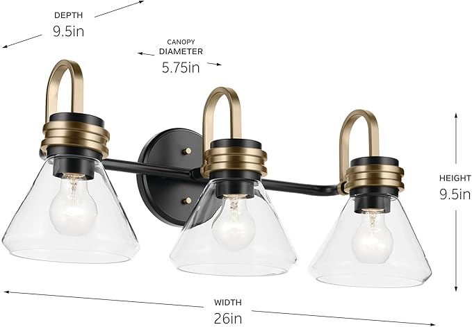 Kichler Farum 26" 3-Light Bathroom Vanity Light Fixture with Clear Glass in Black, Modern Wall Mount Over Mirror for Single or Double Vanity, Powder Room (26" x 9.5" x 9.5"), 55155BKCLR