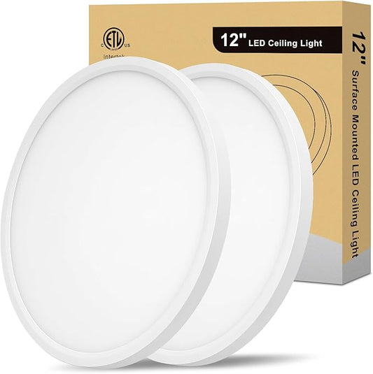Flush Mount LED Ceiling Light - 12 Inch, Dimmable and 5CCT Selectable, 24W 2800LM Low Profile Light Fixture for Bedroom, Bathroom, Sloping Ceilings,12 Inch 2Pack White