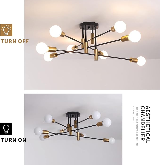 Garwarm 8-Light Black and Gold Sputnik Ceiling Light,Mid Century Semi Flush Mount Sputnik Chandelier Industrial Ceiling Lamp for Kitchen Dining Room Bedroom Foyer Entryway Hallway