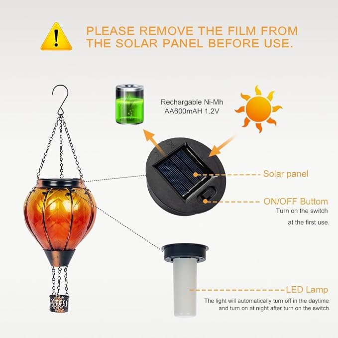 Starsoul 2 Pack Orange Solar Hot Air Balloon Lantern, Glass Hot Air Balloon Solar Lantern Outdoor Waterproof, Solar Hanging Lights with Flickering Flame Decor for Garden Yard Patio