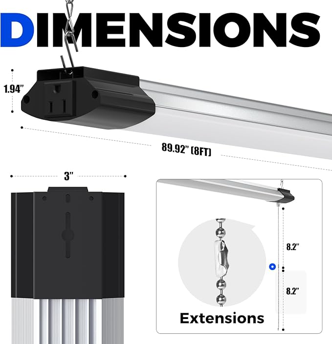 Barrina BS168 168W 8FT LED Shop Lights, 16800LM, 5000K, High Output, Linkable, LED Shop Light for Garage, Workshop, Warehouse, Hanging or Ceiling Mount with Pull Chain Switch, 6 Packs