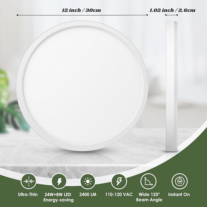 Brightever LED Flush Mount Ceiling Light with Night Light, 12inch Dimmable Close to Ceiling Light Fixture, 24W 2400LM 2700K-6500K 5 Color Adjusted Flat Ceiling Lamp for Bathroom, Dining Room, 1 Pack