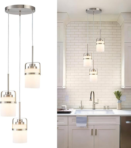 Nickel 3-Light Pendant Lighting, Adjustable Cluster Hanging Light Fixture with Milk Glass Shade, Modern Pendant Light for Kitchen Island Dining Room Bar