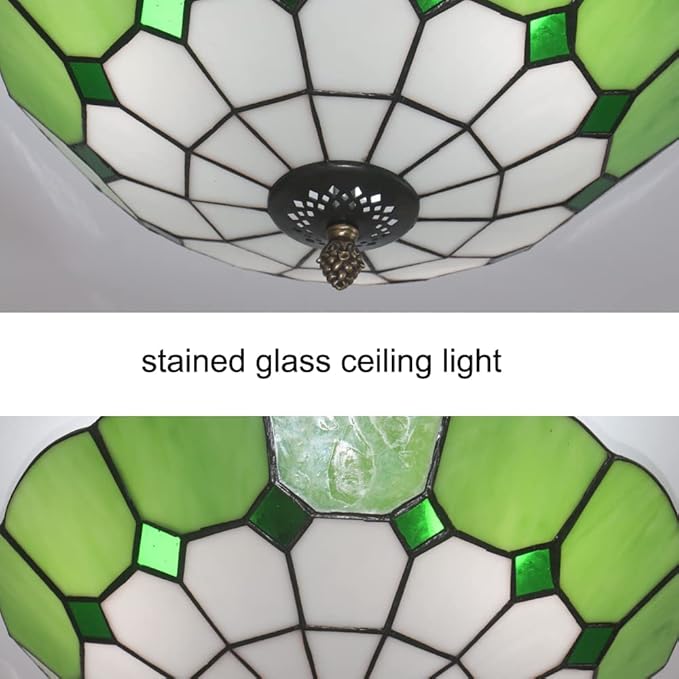 12 inch Vintage Tiffany Style Glass Flush Mount Ceiling Lighting Fixtures Retro Rural Pastoral Classical Lamp LED Chandelier Semi Flush Mount Lights Lamps (12 Inch Green)