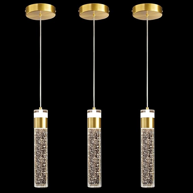Gold Pendant Lights Kitchen Island 3 Pack Crystal Hanging Pendant Light Fixtures with Crystal Bubble 3000K LED Modern Pendant Ceiling Lighting for Dining Room Restaurant Living Room Bedroom