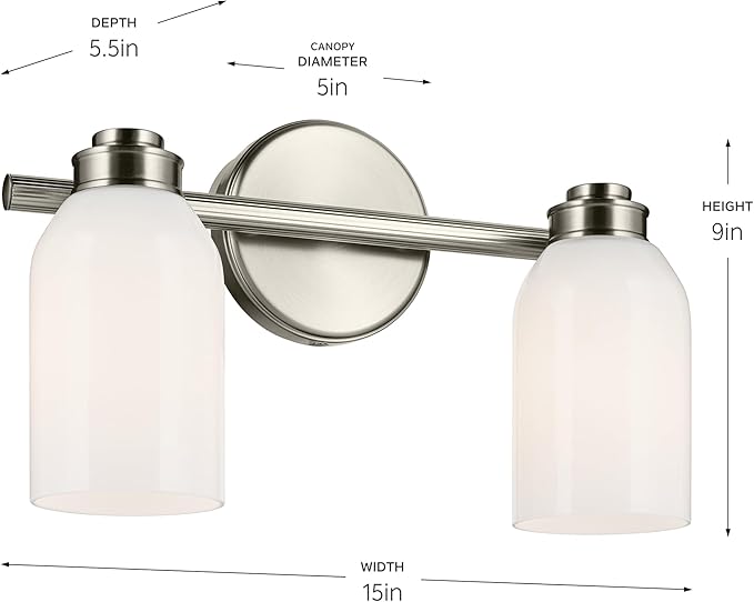 Kichler Shae 15" 2-Light Bathroom Vanity Light Fixture with White Opal Glass in Brushed Nickel for Modern Bathroom Vanity Lighting Over Mirror (15" W x 9" H), 55201NI