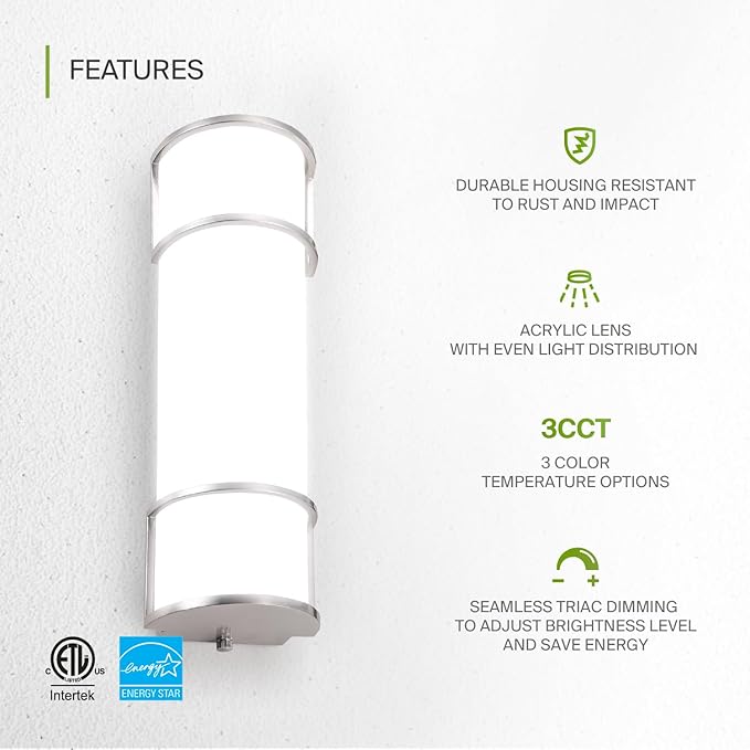 ASD LED 18" Vanity Flush Mount Light Fixture, Linear Bathroom Lighting Bar | 3CCT, Dimmable, Energy Star, ETL Listed | 20W 1650LM 3000-5000K 120V | Long Bath Wall Sconce Over Mirror | Nickel, 4 Pack