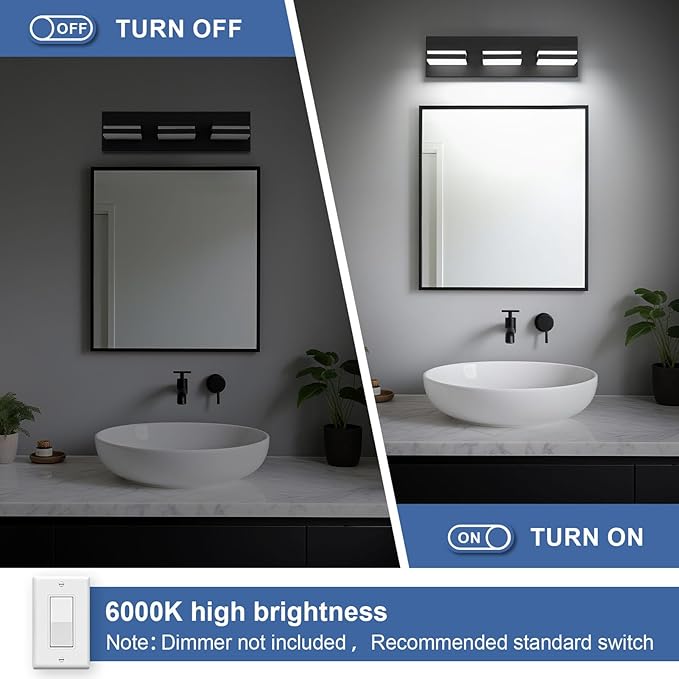 Modern LED Small Bathroom Lights Fixtures 3-Light,Metal Black Acrylic Wall Lighting,Vanity Lights for Bathroom Over Mirror 6000K 16in