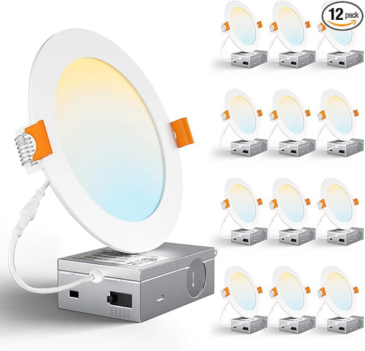 CHARKEE 12 Pack 6 Inch 5CCT Ultra-Thin LED Recessed Ceiling Light with Junction Box, 2700K/3000K/3500K/4000K/5000K, 1050LM, 12W Equivalent to110W, Dimmable Canless Downlights, ETL & Energy Star & FCC