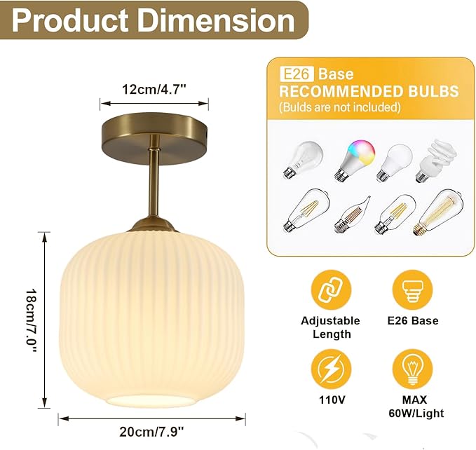 Milk Glass Flush Mount Ceiling Light Small Mid Century Modern Kitchen Lighting Fixtures Vintage Brushed Gold Semi Flush Mount Ceiling Light for Bedroom Hallway (2 Pack)