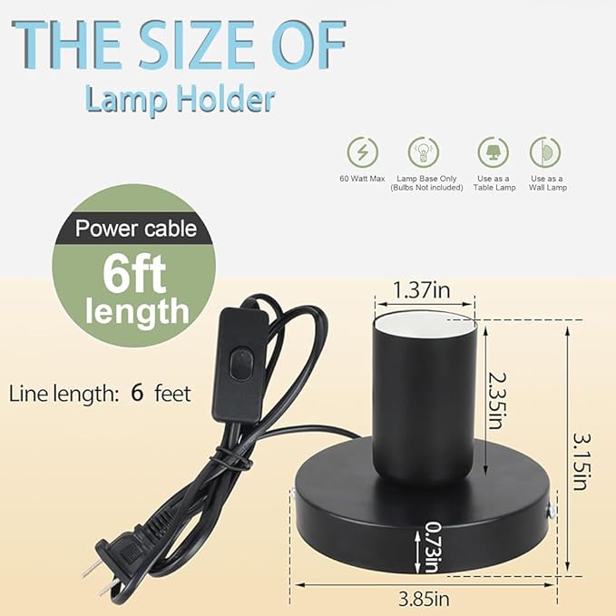 Polished Metal Desktop Lamp Base E26 E27 Screw Light Bulb Night Light Base Lamp Replacement, 6 Feet Cord Extension On/Off Switch,Small Replacement Screw Ceiling Bulb Hold. (Black)