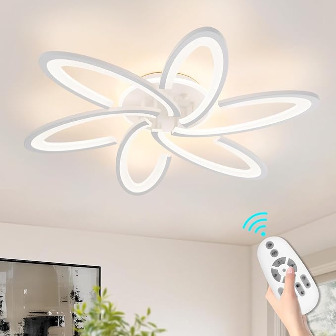 Modern LED Light, 6+1 Rings 93W Dimmable Fixture 29.5" 3000K-6500K Flush Mount White Flower Ceiling Lamp with Remote for Living Room, Bedroom, Kitchen
