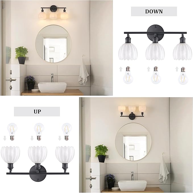 Shenmoyl Bathroom Light Fixtures, 3-Light Black Vanity wall Light Over Mirror with White Tulip Glass Shade for Bedroom Living Room (Bulb Not Included)