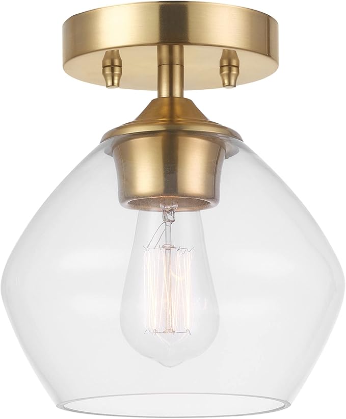 Globe Electric Harrow 1-Light Semi-Flush Mount Ceiling Lighting, Matte Brass, Clear Glass Shade