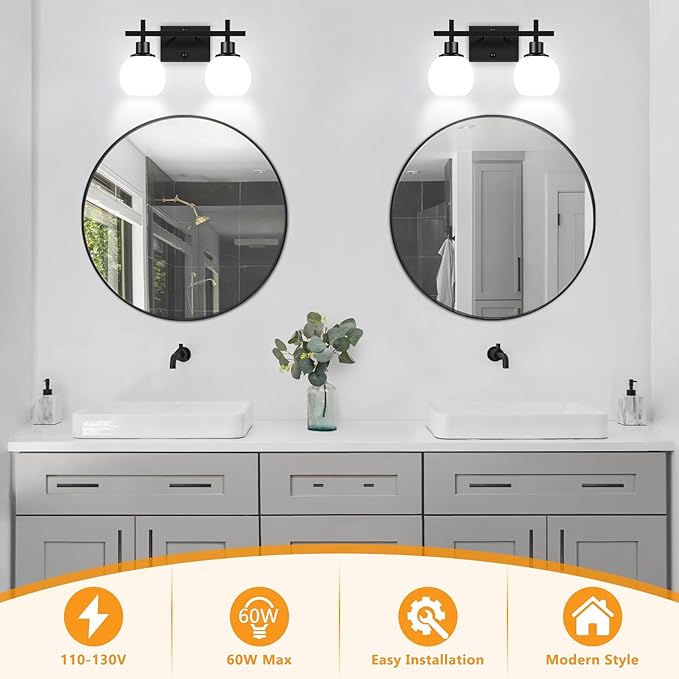 Dpyrrhic 2-Light Black Bathroom Lighting Fixtures Over Mirror,Modern Vanity Lighting Fixtures,Bathroom Wall Mounted Vanity Light with Milky White Glass Lampshade for Living Room，Bedroom，Hallway