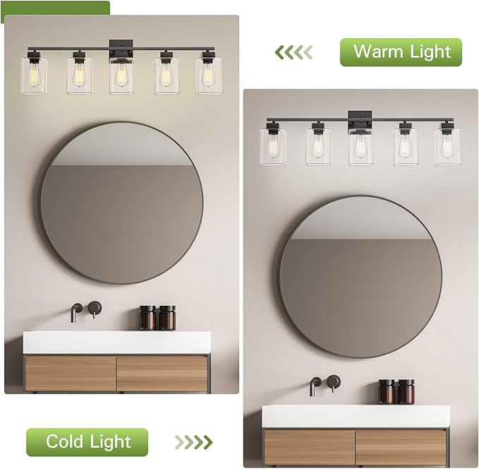 Espird 5 Light Bathroom Vanity Light - Matte Black Bathroom Light Fixtures Square Design & UL Certification, 31 Inch Black Bath Room Lighting Fixtures Over Mirror for Living Room & Bedroom & Restroom