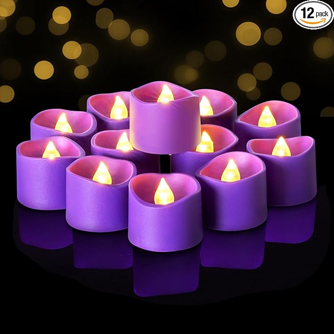 Raycare Purple Battery Operated Tea Lights, 200+Hour Electric Flickering Flameless Candles, Realistic Votive LED Tea Lights for Wedding Party Table Mother's Day Halloween Decorations, 12 Pack