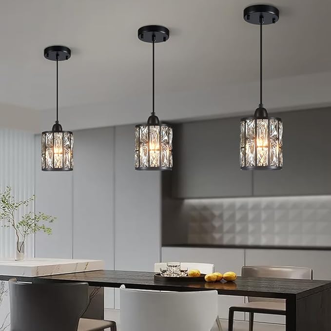 3 Pack Crystal Hanging Kitchen Island Pendant Light Black Finish Concise Fixture Crystal Plate Metal Shade for Bar Dining Room Living Room Over Sink Ceiling