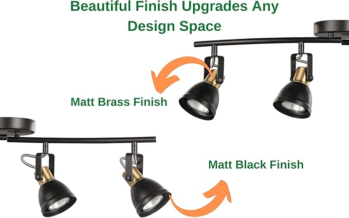 4 Light Track Lighting Kit, Matt Black Brass Finish 4 Way Adjustable with Moden Flush Mount Ceiling Spotlight for Kitchen,Dining,Living Room,Home Improvement