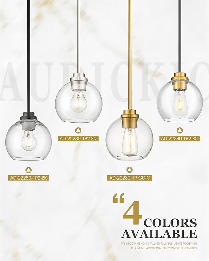 Pendant Lights Kitchen Island 2 Pack, 7" Black and Gold Hanging Lights Fixtures with Clear Glass Globe Shade, Modern Kitchen Island Lighting for Bathroom, AD-22280-1P2-KG