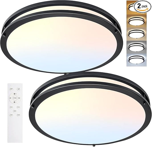Flush Mount Ceiling Light - 2 Pack 36W 3000K/3500K/4000K/5000K/6000K Dimmable Led Ceiling Light Fixture for Kitchen Hallway Bedroom Bathroom (2, Black, 17.5 Inch)