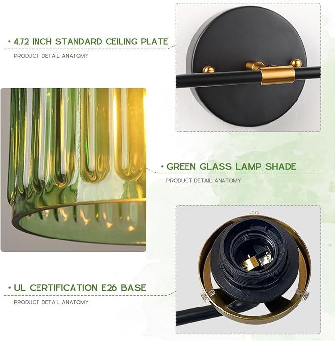 Bathroom Light fixtures Mid Century Wall Sconce 2-Lights with Green Striped Shade Glass Wall Mount Light Modern Vanity Lights for Over Mirror Bedroom Hallway Overhead