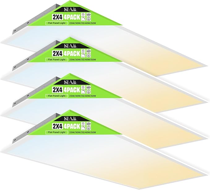 4 Pack 2x4 LED Flat Panel Light 50/40/35/30/25W 6500lm Adjustable, 0-10V Dimmable LED Flush Mount Ceiling Light Fixtures, 2.7K/3K/3.5K/4K/5K Selectable for Office Kitchen Garage - ETL Listed