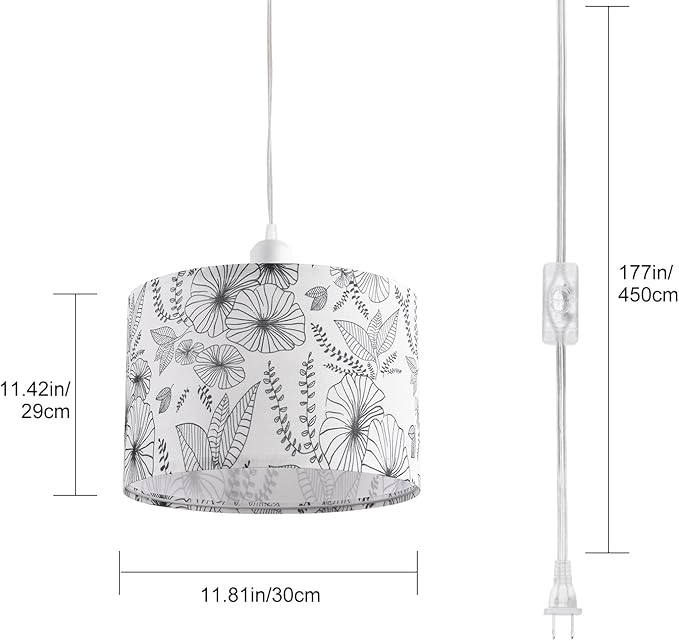 2 Pack Plug in Pendant Light, Hanging Light with 15Ft Clear Cord, On/Off Switch, Flower Fabric Lamp Shade, Hanging Light Fixture for Bedroom, Kitchen, Living Room, Dining Table