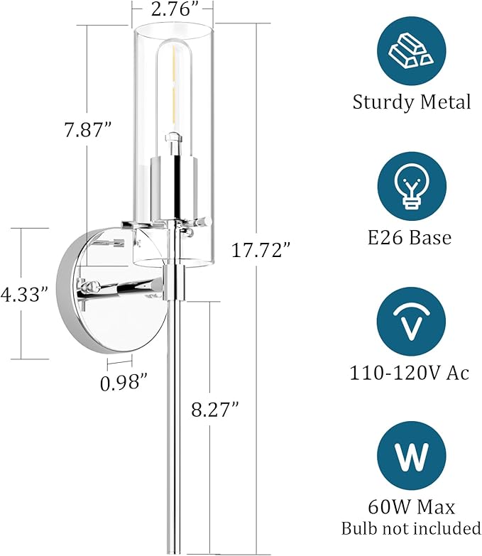 Wall Sconce Set of 2 Chrome Wall Light, Farmhouse Vanity Light Fixture Modern Indoor Wall Light with Clear Glass Shade for Bathroom Bedroom Living Room Hallway Vanity