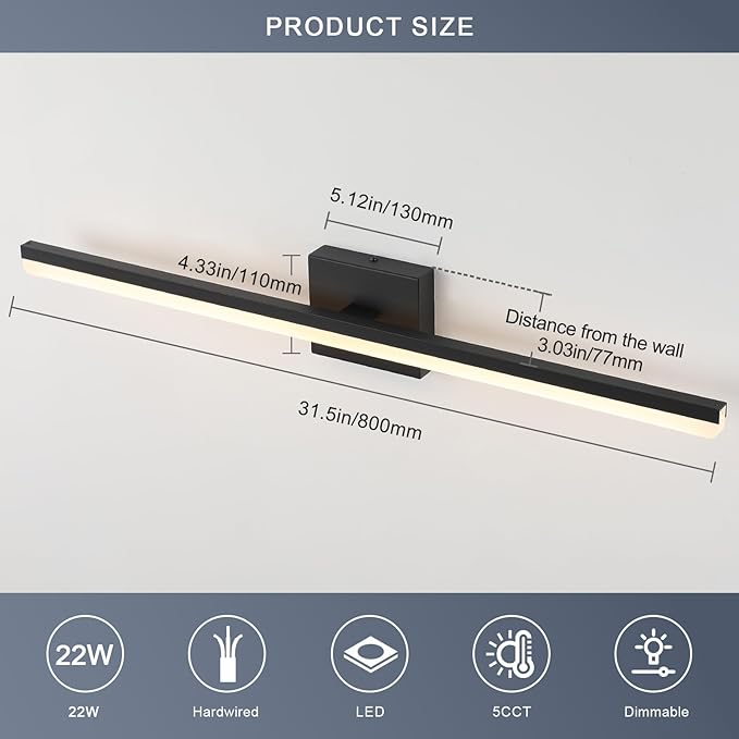 LED Modern Bathroom Vanity Light Fixtures 22W Dimmable 5CCT Vanity Light Bar Over Mirror Matte Black Wall Light for Bathroom 31.5 inch Long 110V AC ETL Certificated
