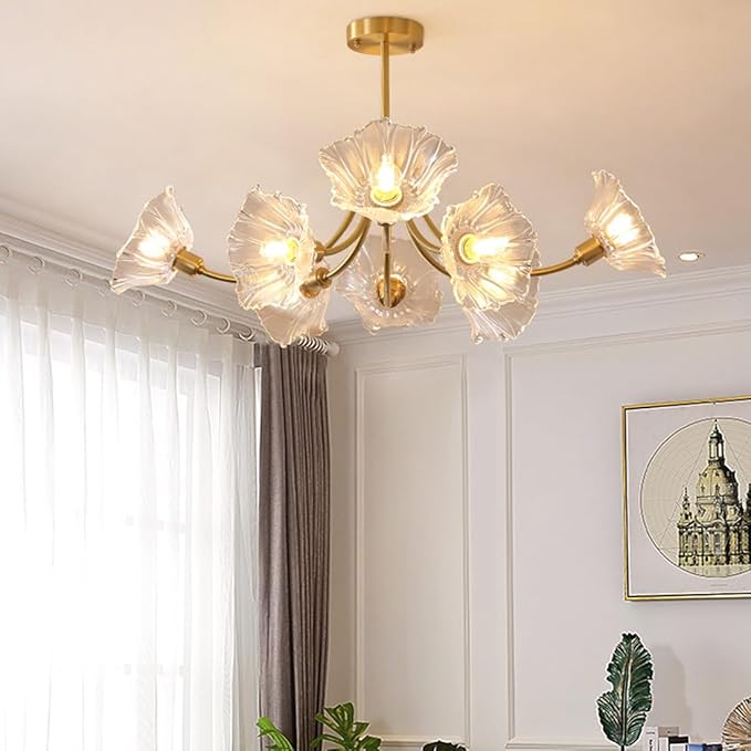 Gold Brass Ceiling Lights Fixture Semi Flush Mount Chandelier 8-Lights with Clear Glass Flower Shape Gold Mid Century Modern Ceiling Lighting for Bedroom Living Room Dining Room