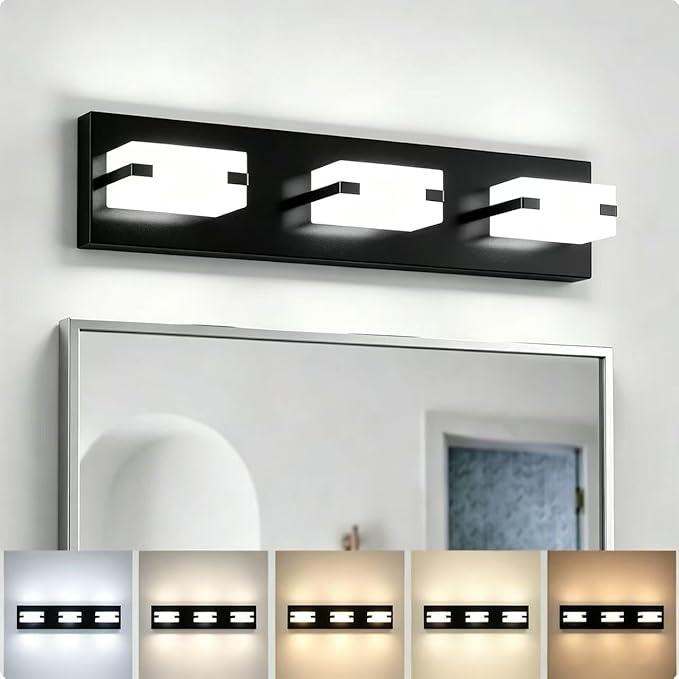 LED Bathroom Light Fixtures, 3-Light Modern Vanity Lights with Milky White Frosted Acrylic Shades, Matte Black Bathroom Lighting Fixtures Over Mirror, ETL Listed, 20W 5CCT Adjustable