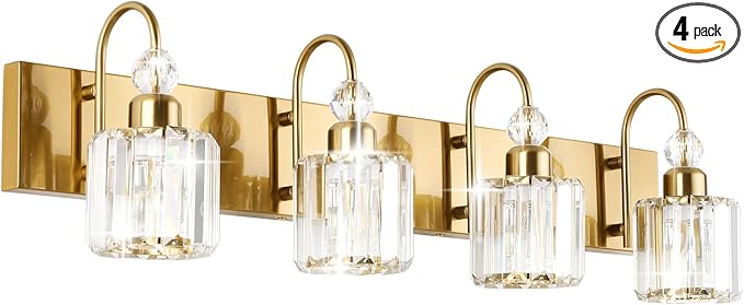 Ralbay Brass Gold Vanity Lights 4-Lights Crystal Bathroom Lighting Fixtures Over Mirror Modern Wall Lighting for Bathroom