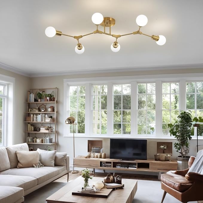 Modern Mid Century 6 Light Semi Flush Mount Ceiling Lighting Fixture for Living Room Bedroom Dining Room Hallway Kitchen Office,Long Large Gold Sputnik Chandelier