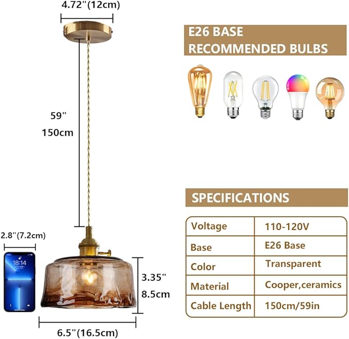 Glass Pendant Lights Kitchen Island Dimmable Mini Pendant Lighting Amber Glass Lampshade for Bedside Dining Room Foyer, Brass