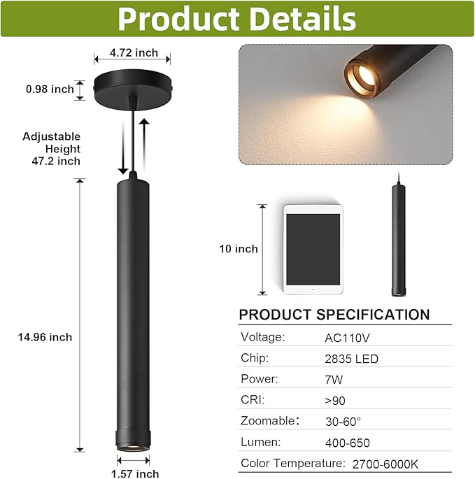 OKELI Black LED Mini Pendant Light, Dimmable Hanging Pendant with Adjustable Beam Angle, 3CCT 2700K–6000K Modern Pendant Light for Kitchen Island, Bar Counter or Bedroom, 7W 14.96", 1 Pack