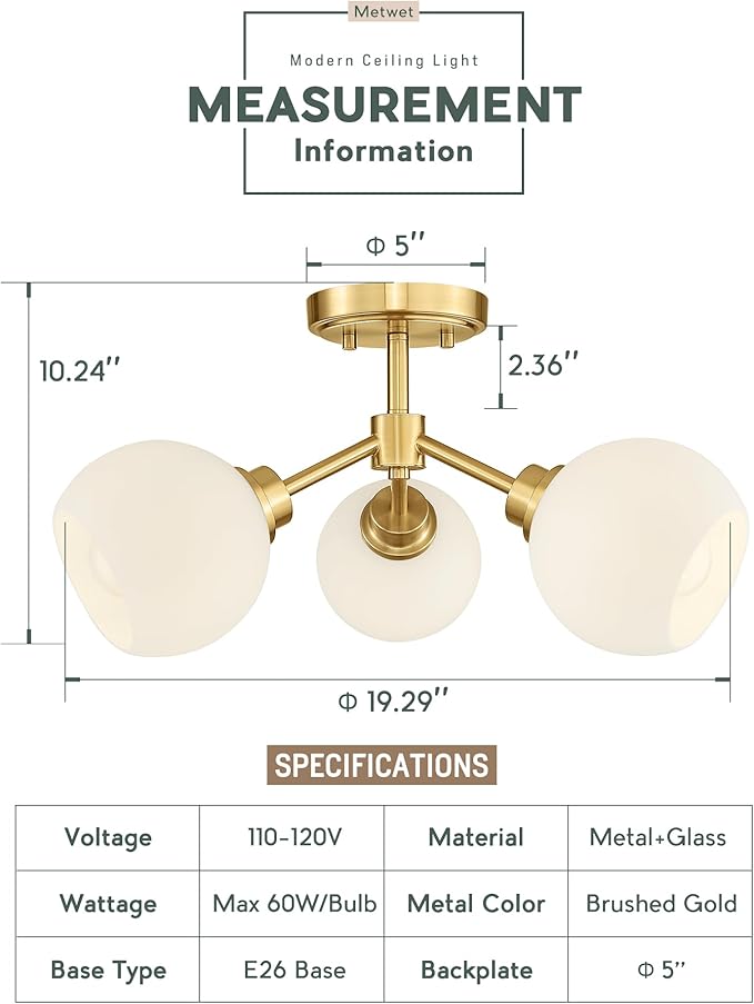 3-Light Semi Flush Mount Ceiling Light, Modern Light Fixtures Ceiling Mount with Globe Milk White Glass Shade, Brushed Gold Light Fixtures for Kitchen Entryway Hallway Bedroom, SM195-BG-ML-3