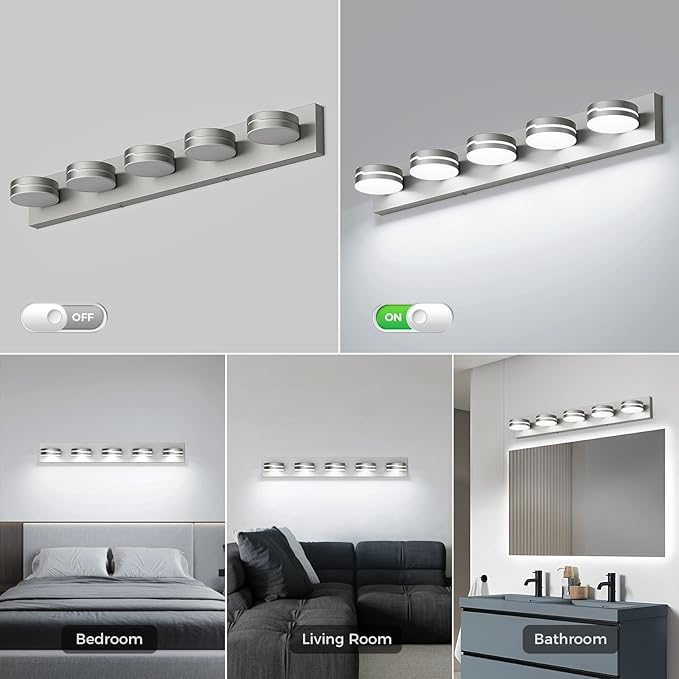 LED Modern Bathroom Lights Fixtures 5-Light Dimmable Nickel Acrylic Wall Lighting,Vanity Lights for Bathroom Over Mirror 5500k
