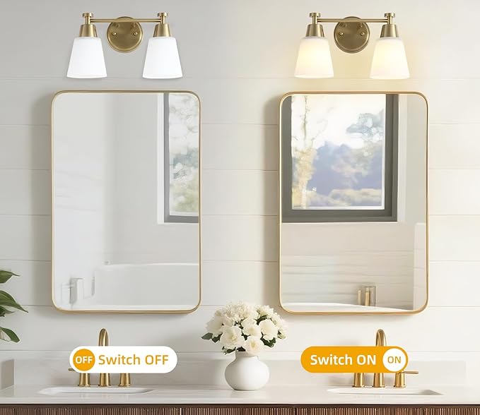 2-Light Bathroom Vanity Light, Gold Finish with Milk Glass Shades, Over Mirror, for Bathroom Vanity