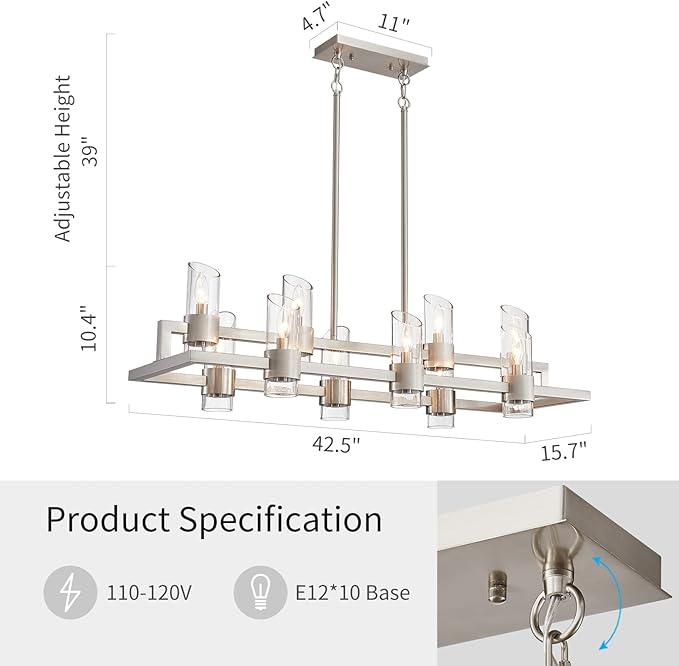 WUZUPS Island Rectangle Chandelier 10-Light with Clear Glass Industrial Modern Farmhouse Linear Light Fixture for Dining Room Kithen Island, Width 42.5" Height 10.4", Brushed Nickel