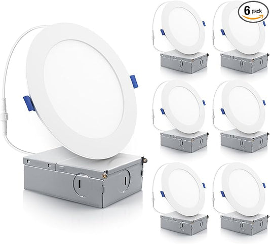 ECOELER 6 Inch Ultra Thin LED Recessed Ceiling Lights, Smooth Trim Canless Downlight,12W 1100Lm 5000K Daylight, Dimmable, Wafer Thin, Slim LED Panel with Junction Box, ETL Listed, 6 Pack