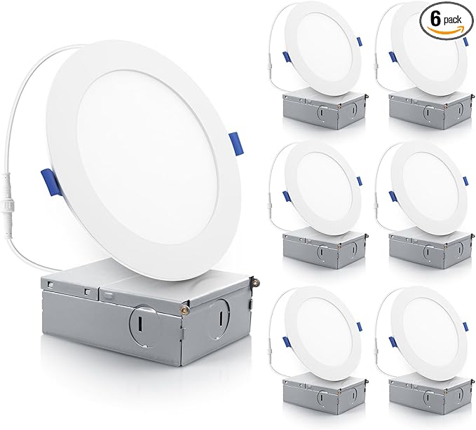 ECOELER 6Inch LED Recessed Ceiling Light, 3000K Warm White,12W 1100LM, Dimmable Canless Downlights with Junction Box, ETL and FCC Listed, 6 Pack