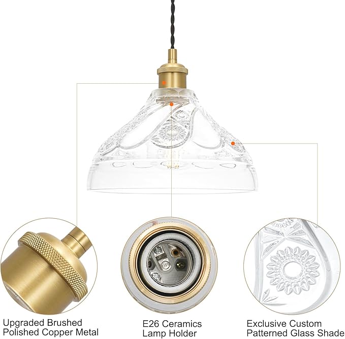 Vintage Pendant Lights for Kitchen with Clear Embossed Glass Shade, Brushed Gold Pendant Lights Kitchen Island, Adjustable Light Pendant Hanging Light for Entrance Bedroom Hallway,E26 Socket