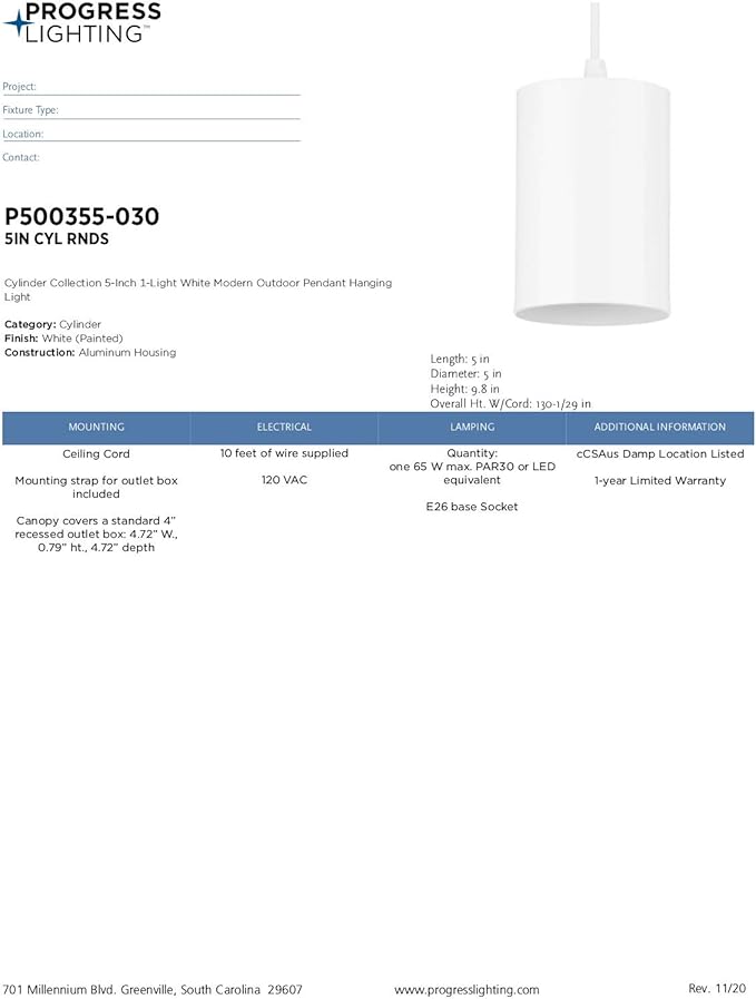 Progress Lighting Cylinder Collection 5-Inch 1-Light White Modern Outdoor Hanging Pendant Light