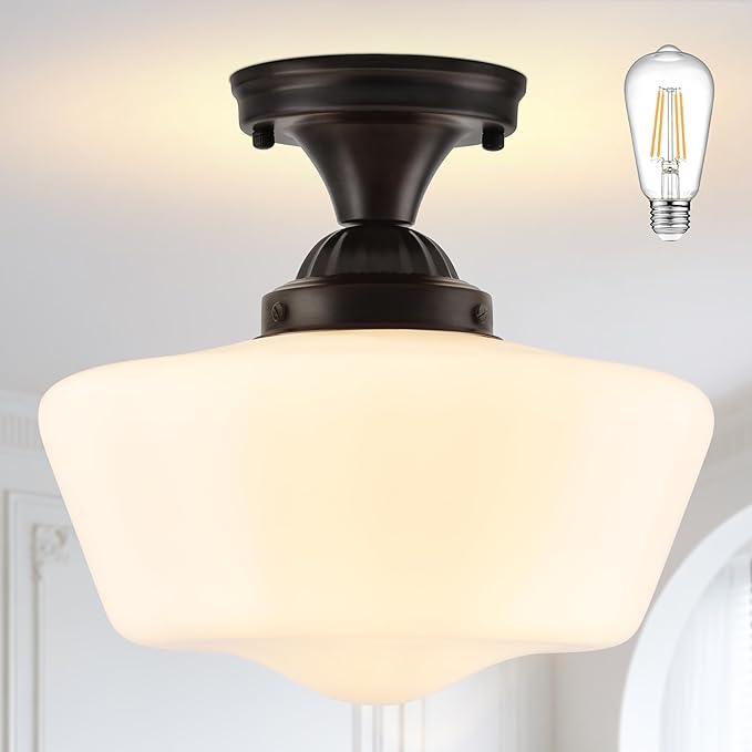Bagood 12" Milk Glass Lights Fixture Schoolhouse Light Fixture Mid Century Light School House Lights Fixtures Ceiling Semi Flush Mount Ceiling for Bathroom Bedroom (Bulb Incl.)